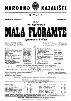 Programska cedulja nastupa Alme Peranić u ulozi Floramye – Ivo Tijardović, Mala Floramye, Narodno kazalište Split, 18. svibnja 1952.