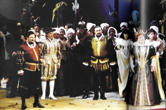 Ante Ivić (Carlos), Ingrid Reljac (Tebaldo), Valentin Enčev (Posa). Mirella Toić (Elizabeta) i ansambl Opere, Giuseppe Verdi <em>Don Carlos</em>, HNK Ivana pl. Zajca, Rijeka, premijera 2001.