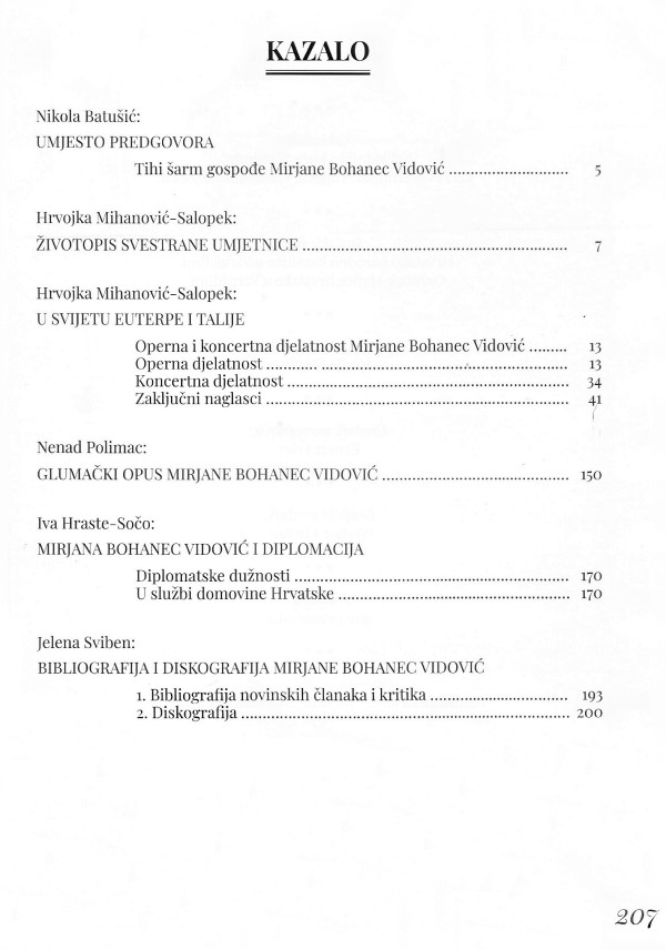 Kazalo monografije <em>Mirjana Bohanec Vidović: hrvatska operna prvakinja, diplomatkinja i filmska glumica</em>