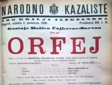 Programska cedulja gostovanja Božice Čajkovac-Sarvan u operi Orfej u Narodnom kazalištu u Zagrebu 2. prosinca 1939.