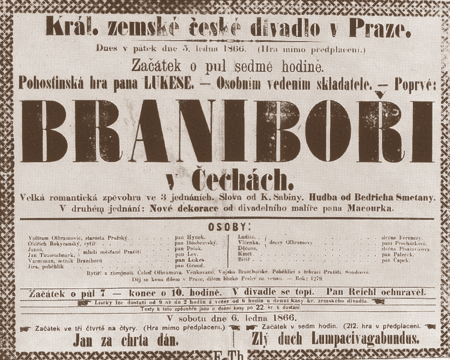 Programska cedulja praizvedbe prve Smetanine opere <em>Braniborci u Češkoj</em>, 5. siječnja 1866.