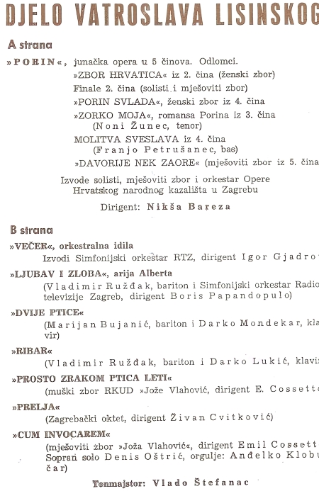 Program na izdanju LPY-V-801 Jugotona iz 1970. - <em>Djelo Vatroslava Lisinskog</em>