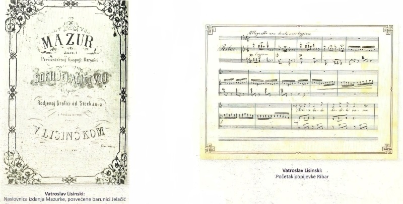 Naslovnica notnog izdanja klavirske skladbe <em>Mazurka za Sofiju Jelačić</em> i Notni zapis vokalne skladbe Ribar u izdanju CD-a Croatia Recordsa iz 2019. – <em>Vatroslav Lisinski – Izbor skladbi</em>