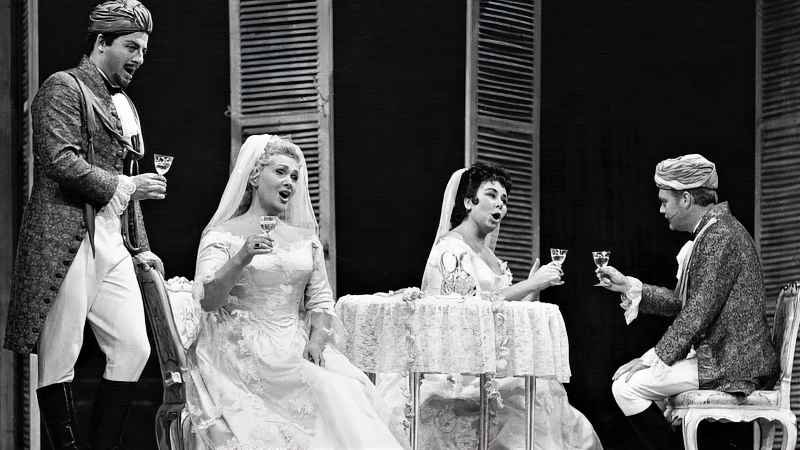Waldemar Kmennt (Ferrando), Elisabeth Schwarzkopf (Fiordiligi), Christa Ludwig (Dorabella) i Hermann Prey (Guglielmo), Wolfgang Amadeus Mozart, <em>Così fan tutte</em>, Salzburške svečane igre 1960. 