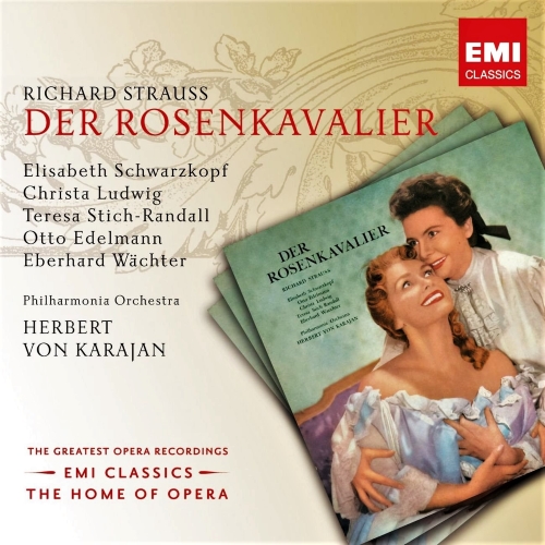 Elisabeth Schwarzkopf (Maršalica) i Christa Ludwig (Octavian) na naslovnici CD-a muzičke komedije <em>Kavalir s ružom</em> (<em>Der Rosenkavalier</em>) Richarda Straussa za EMI, objavljenog 1956.