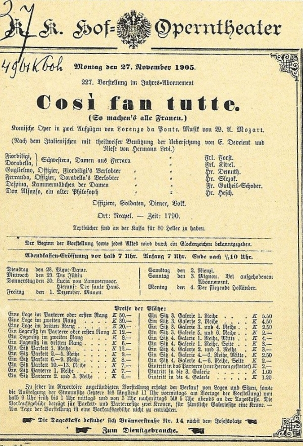 Programska cedulja izvedbe <em>Così fan tutte</em> pod ravnanjem Gustava Mahlera u bečkoj Dvorskoj operi 1905. godine