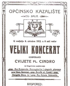 Programska cedulja Velikog koncerta Cvijete pl. Cindro 6. listopada 1912.