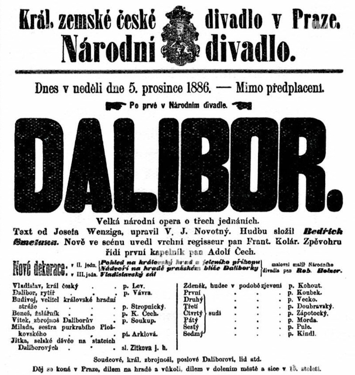 Programska cedulja praizvedbe <em>Dalibora</em> 1886. u Pragu 
