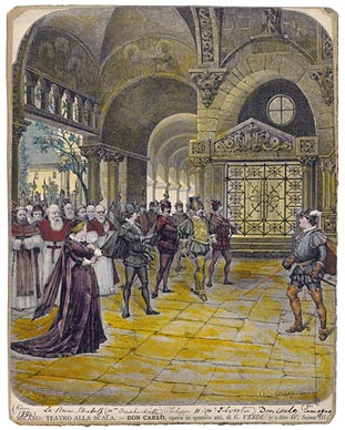 Don Carlos (4. čin, 3. scena), Teatro alla Scala, Milano, 1884. (autor crteža Carlo Cornaglia)