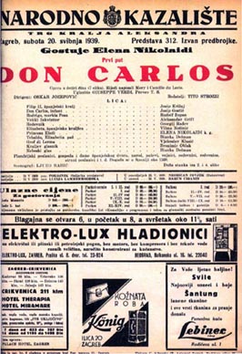 Programska cedulja s prve izvedbe opere Don Carlos u Hrvatskoj, 20. svibnja 1939.