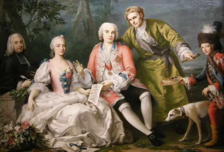Librettist i pjesnik Pietro Metastasio, primadonna Teresa Castellini, Farinelli, njegov paž i pas na slici Jacopa Amigonija