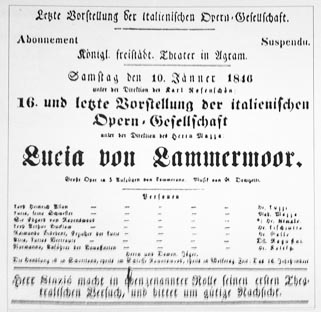 programska cedulja s debija Franje Stazića - Lucia di Lammermoor, 10. siječnja 1846.