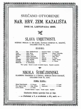 Programska cedulja prve predstave u novoj zgradi HNK 14. listopada 1895.