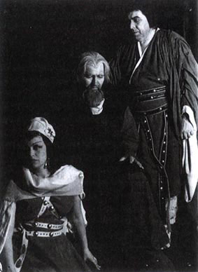 Alma Peranić (Liù), Duško Kukovec (Timur) i Ilija Žižak (Calaf) – Giacomo Puccini, Turandot, Narodno kazalište Split, 1955.