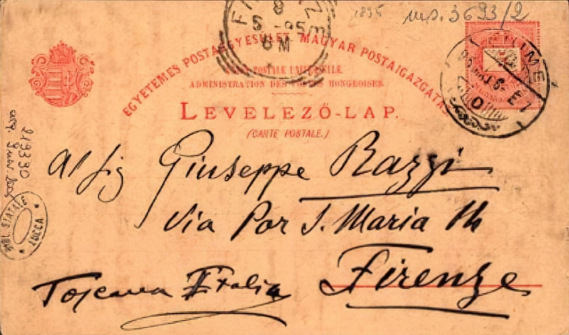 Koverta pisma koje je Puccini 8. svibnja 1895. uputio iz Rijeke svojemu šogoru Giuseppeu Razziju