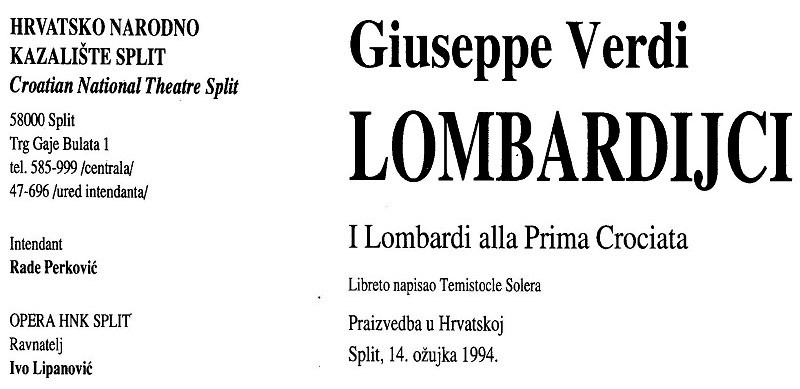 Programska cedulja prve hrvatske izvedbe <em>Lombardijaca</em>, HNK Split, 14. ožujka 1994.