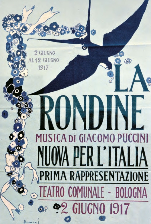 Plakat premijernbe izvedbe Puccinijeve opere <em>Lastavica</em> u Bologni, 2. lipnja 1917.