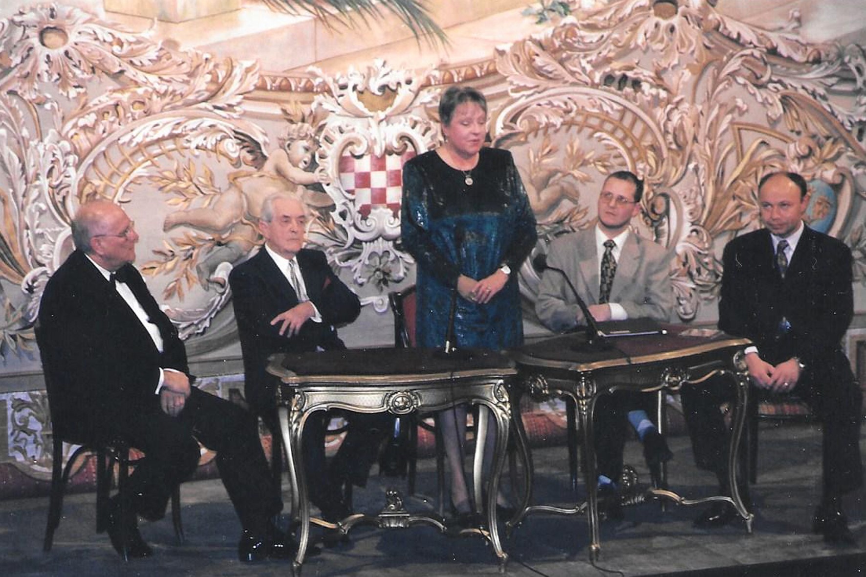 Marija Barbieri na predstavljanju monografije o Josipu Gostiču u zagrebačkom HNK-u; uz autoricu i dirigenti Vladimir Kranjčević i Mladen Bašić te Borut Jenko i Željko Mesar