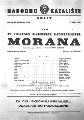 Programska cedulja nastupa Marije Gatin u ulozi Govedarke – Jakov Gotovac, Morana, Narodno kazalište Split, 26. studenoga 1949.