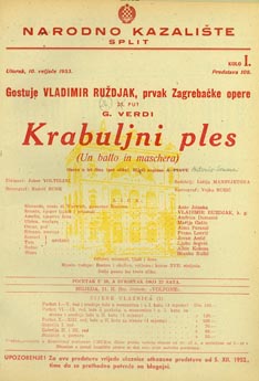 Programska cedulja nastupa Marije Gatin u ulozi Ulrice – Giuseppe Verdi, Krabuljni ples, Narodno kazalište Split, premijera 10. veljače 1953.