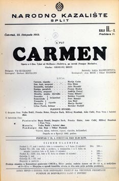 Programska cedulja nastupa Marije Gatin u ulozi Carmen – Georges Bizet, Carmen, Narodno kazalište Split, 22. listopada 1953.