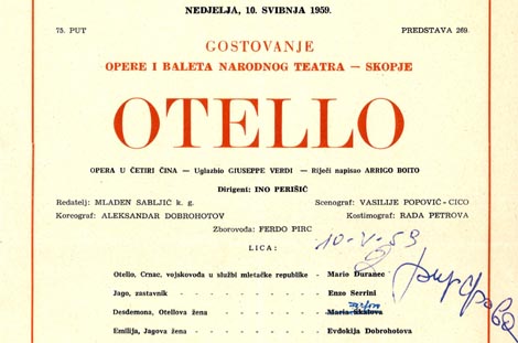 Programska cedulja gostovanja Opere i Baleta Narodnog teatra iz Skoplja s operom Otello u Hrvatskom narodnom kazalištu u Zagrebu 10. svibnja 1959. U naslovnoj ulozi nastupio je Mario Đuranec.