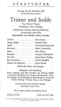 Programska cedulja s izvedbe opere Tristan i Izolda Richarda Wagnera u Bečkoj državnoj operi 22. prosinca 1956.