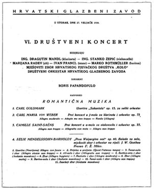 Programska cedulja VI. Društvenog koncerta održanog 27. veljače 2934. u Zagrebu