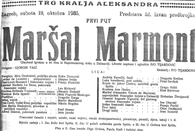 Programska cedulja premijere operete <em>Maršal Marmont</em> u Narodnom kazalištu u Zagrebu 19. listopada 1935.
