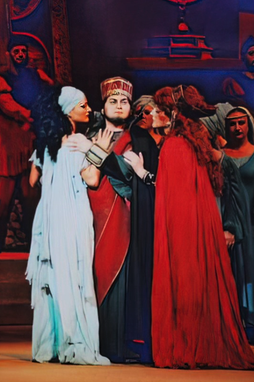 Martina Tomčić (Fenena), Vitomir Marof (Nabucco) i Veneta Janeva Iveljić (Abigaille), Giuseppe Verdi, <em>Nabucco</em>, HNK u Zagrebu 2001.