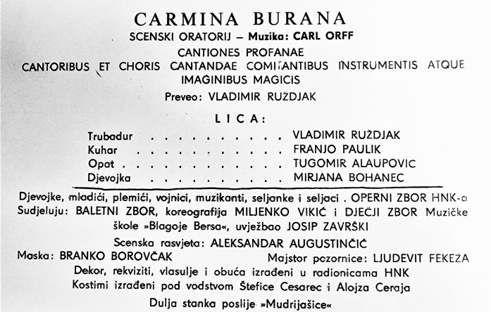 Programska cedulja debija Mirjane Bohanec kao Djevojka u <em>Carmini Burani</em> Carla Orffa, HNK u Zagrebu, 29. travnja 1966.