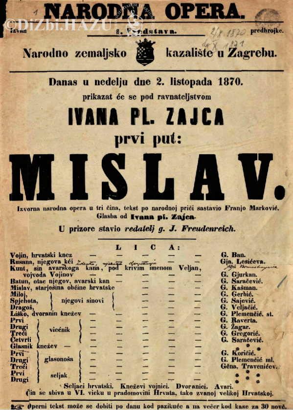 Programska cedulja praizvedbe opere <em>Mislav</em> Ivana pl. Zajca, 2. listopada 1870.