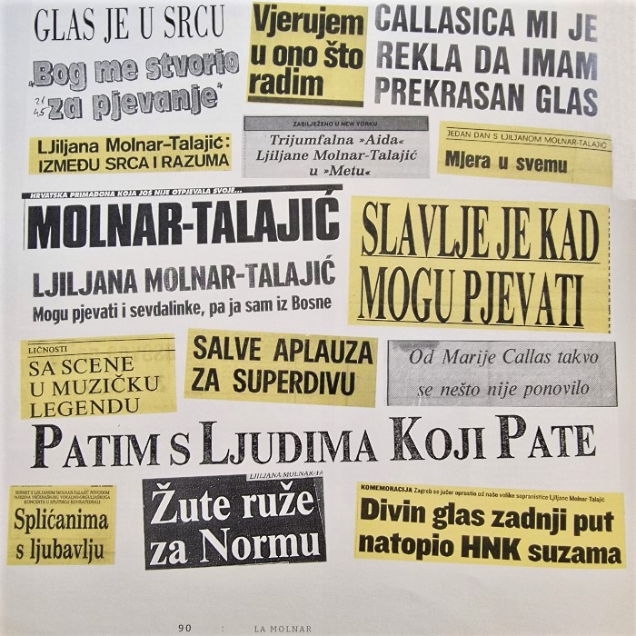 Isječci naslova iz novina prikazani na stranici 90 biografije <em>La Molnar</em>