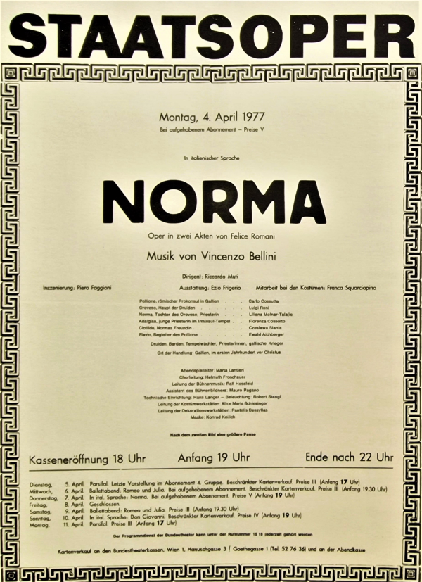 Programska cedulja Belinijeve opere <em>Norma</em> izvedene 1977. u Bečkoj državnoj Operi s Ljiljanom Molnar-Talajić u naslovnoj ulozi