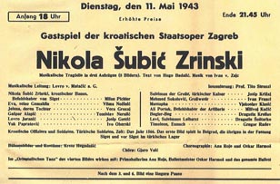 Programska cedulja s gostovanja zagrebačkog Hrvatskog državnog kazališta s operom Nikola Šubić Zrinjski u Beču 1943.