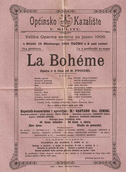 Programska cedulja opere La Bohème u kojoj je 14. studenoga 1906. u ulozi Rodolfa debitirao Noe Matošić
