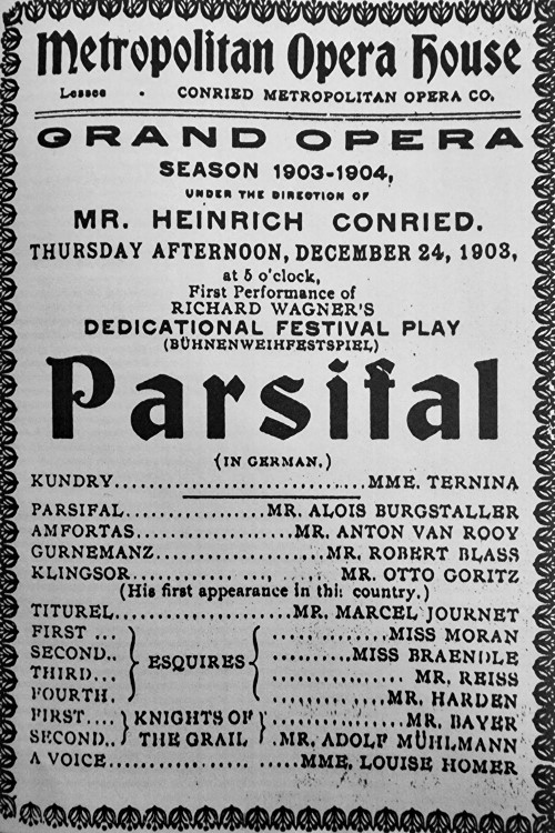 Program prve izvedbe <em>Parsifala</em> izvan Bayreutha u Metropolitanu 24. prosinca 1903. 