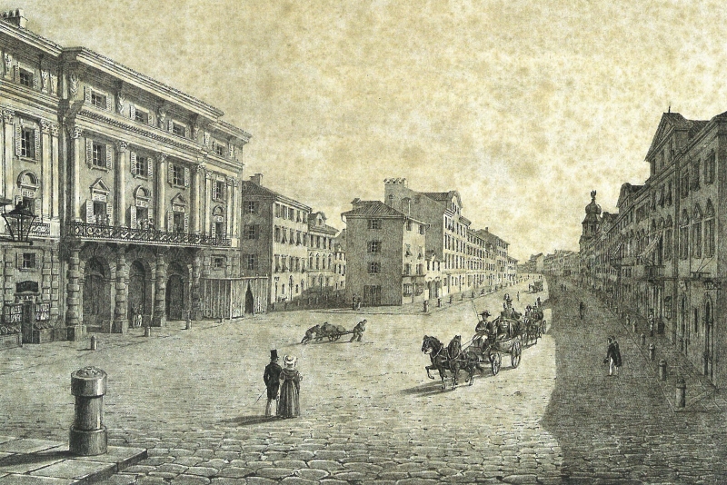 Adamićevo kazalište (zgrada slijeva), Korzo 1830.
