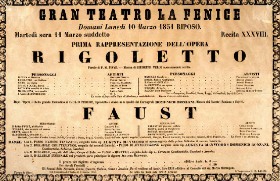 Programska cedulja praizvedbe Rigoletta u Gran Teatru La Fenice, 10. ožujka 1854.