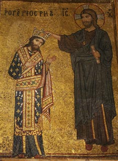 Detalj mozaika koji prikazuje Rogera II kako prima krunu od Isusa Krista, Martorana, Palermo, foto: wikipedia