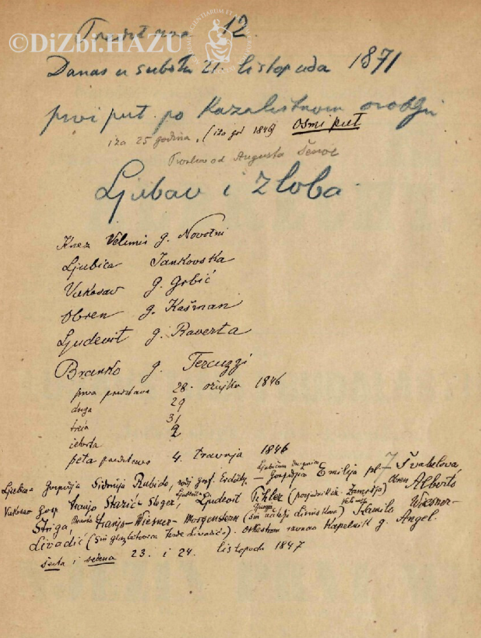 Rukom pisana programska cedulja prve cjelovite predstave <em>Ljubav i zloba</em>, 21. listopada 1871.; Cedulja bilježi i datume prvih 7 izvedbi djela. 