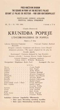 programska cedulja opere Krunidba Pompeje na Dubrovačkim ljetnim igrama 1964.