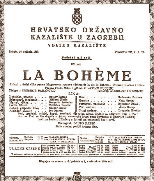 Programska cedulja s debija Srebrenke Jurinac u ulozi Mimi u operi <em>La Bohème</em> Giacoma Puccinija 16. svibnja 1942.
