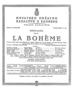 programska cedulja s debija Srebrenke Jurinac u  ulozi Mimi u operi La Bohème Giacoma Puccinija 16. svibnja 1942.
