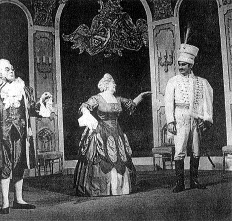 Adam Levang (Wurzbacher), Slavica Pfaf (Cornelia) i Marijan Bručić (Trenk) – Srećko Albini, Barun Trenk, Narodno kazalište Osijek, 1966.