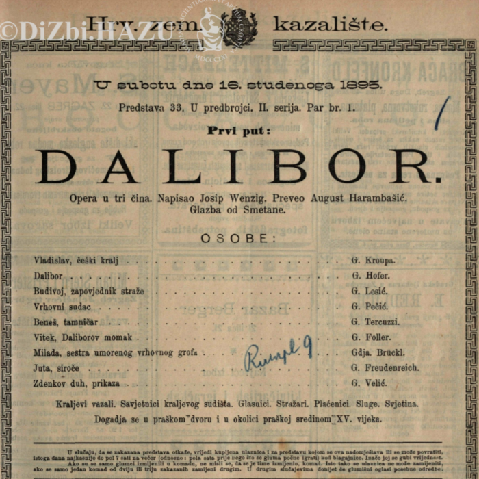 Programska cedulja prve hrvatske izvedbe <em>Dalibora</em> 1895. u Zagrebu 