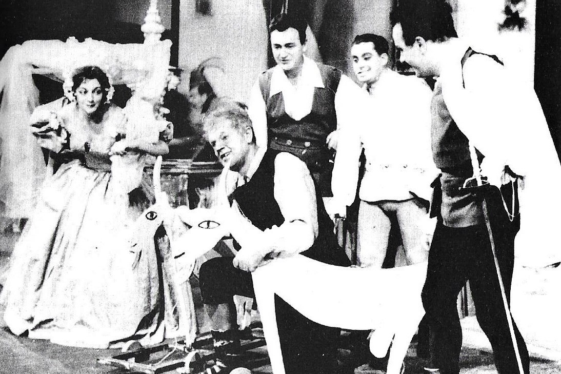 Bianka Dežman (Danica), Ivan Francl (Stanac), Ivica Kiš (Vlaho), Marijan Bujanić (Miho) i Noni Žunec (Dživo) na praizvedbi <em>Stanca</em> u HNK-u u Zagrebu, 6. prosinca 1959.