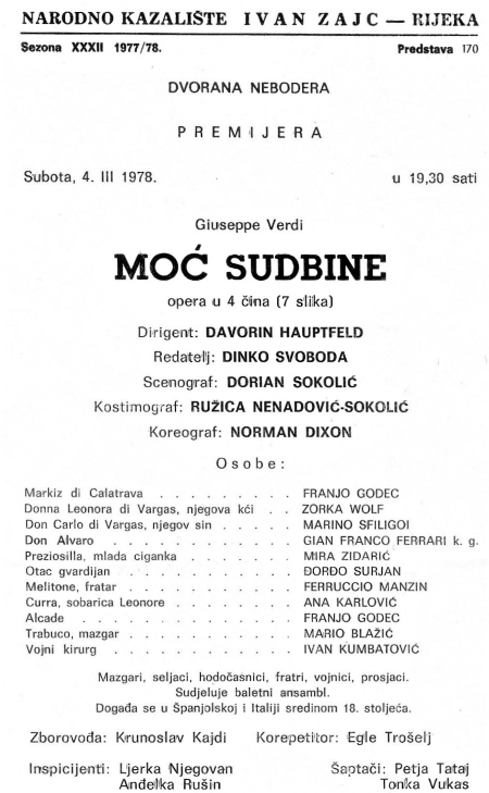 Prva premijera Đorđa Surjana u Verdijevoj operi <em>Moć sudbine</em>, Narodno kazalište „Ivan Zajc“ u Rijeci, 4. ožujka 1978. 