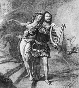 Joseph Aloys Ticháček (Tannhäuser) i Wilhelmine Schröder-Devrient (Venera) na crtežu F. Tischbeina nadahnutog izvedbom opere Tannhäuser 19. listopada 1845.