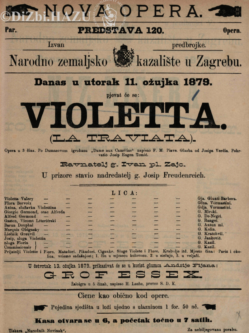 Programska cedulja prve izvedbe Verdijeve <em>Traviate</em>, pod nazivom <em>Violetta</em> u Narodnom zemaljskom kazalištu u Zagrebu 11. ožujka 1879.